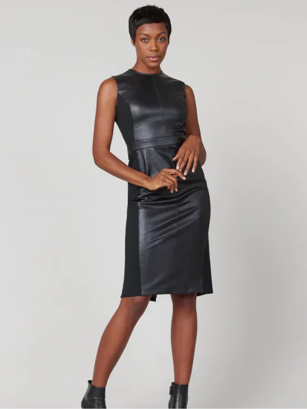 Spanx Leather-Like Combo Sheath Dress Medium Black Mixed Media - Picture 1 of 7